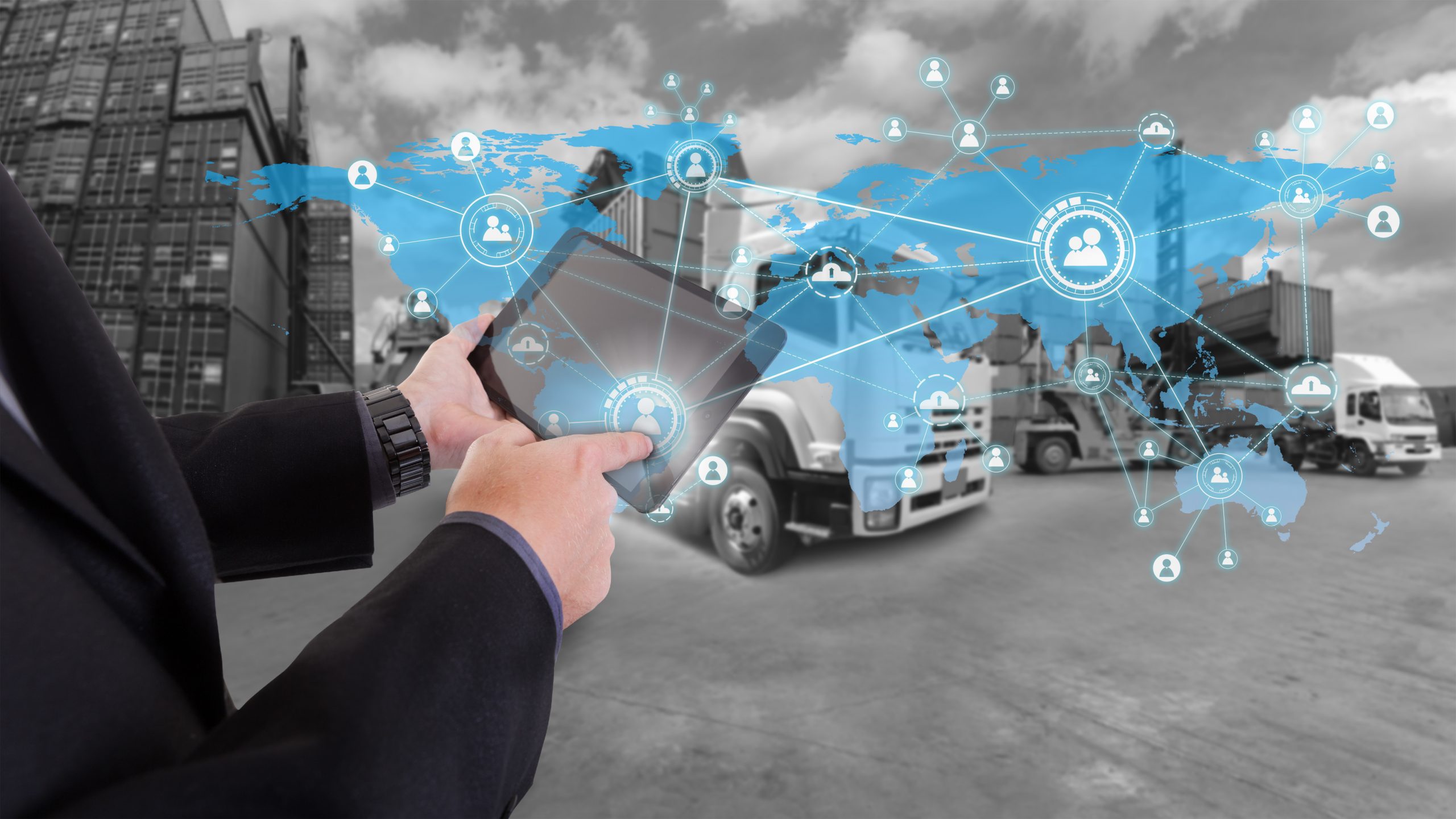 hand presses on world map with social media,Truck with Industrial Container Cargo for Logistic Import Export at yard (Elements of this image furnished by NASA) hand presses on world map with social media,Truck with Industrial Container Cargo for Logistic Import Export at yard (Elements of this image furnished by NASA)